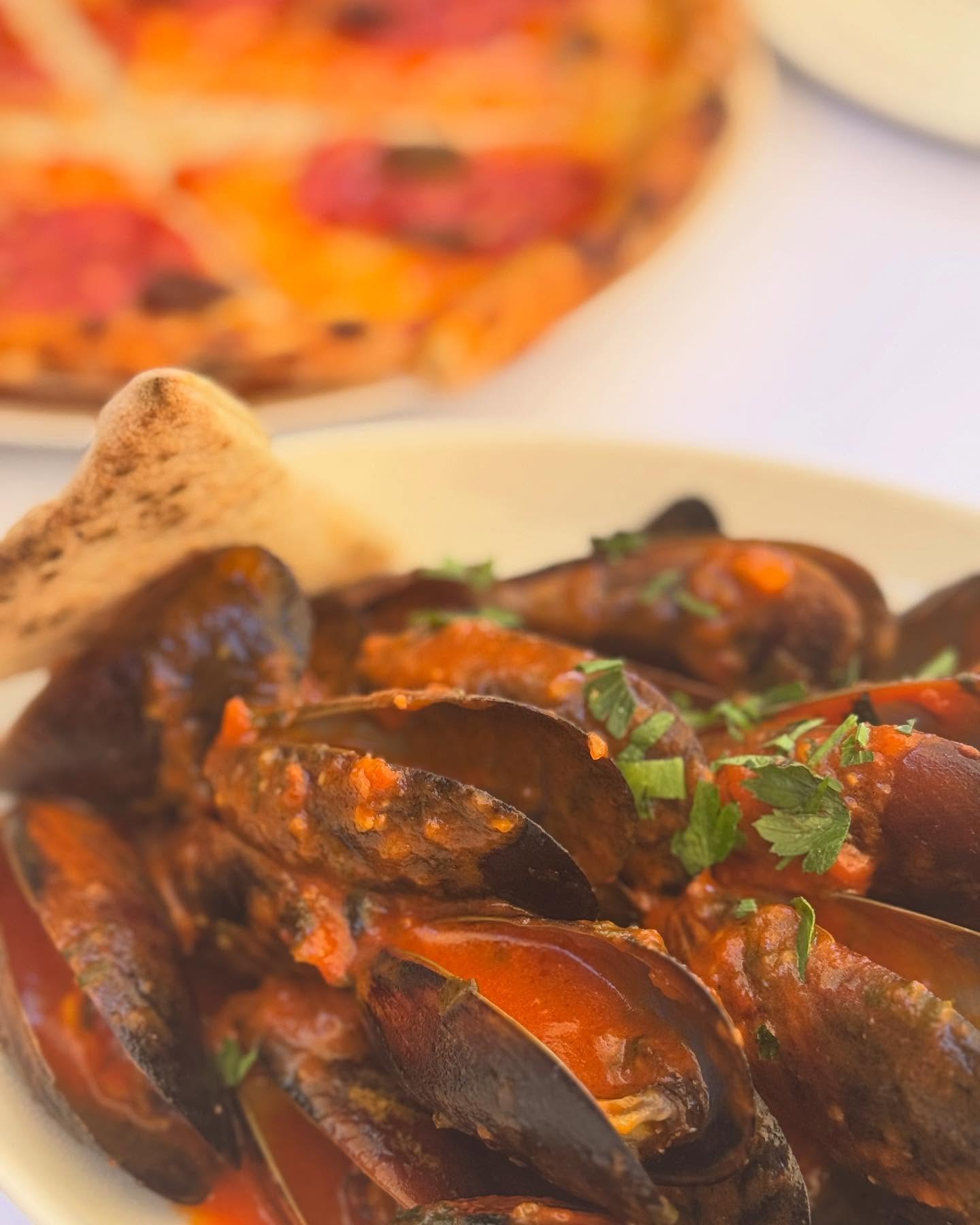 Local mussels in a rich tomato sauce with homemade bread