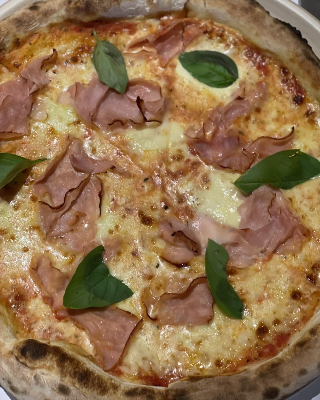 A woodfired pizza with a blistered crust, fior di latte, ham and basil